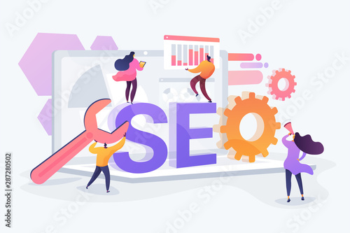 Website traffic, web page visibility. Marketers team creating digital advertising characters. Search engines, online marketing, seo tools concept. Vector isolated concept creative illustration photo