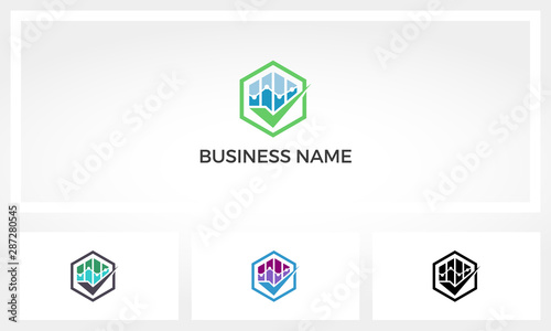 Hexagon With Bar Chart And Tick Mark Inside It Logo