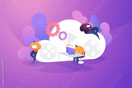 Cloud gaming and gaming on demand, video and file streaming, various devices gaming concept. Vector isolated concept illustration with tiny people and floral elements. Hero image for website.