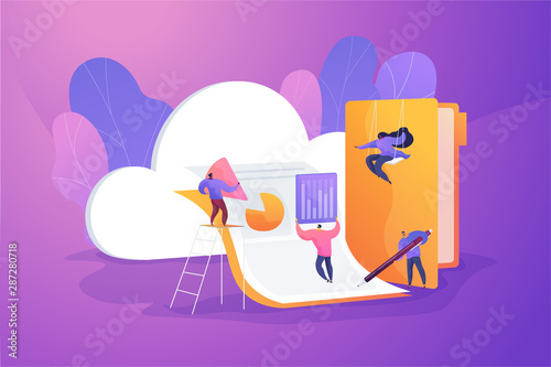 Cloud collaboration technology, remote business management, wireless computing service concept. Vector isolated concept illustration with tiny people and floral elements. Hero image for website.