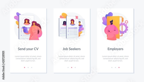 Job searching. Employment service, recruitment agency. Resume writing, finding work. Vacant position. Send your CV, job seekers, employers metaphors. Website web page template - concept metaphors.