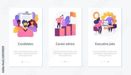 Recruitment and headhunting agency, employment service icons set. Employees hiring. Candidates, career advice, executive jobs metaphors. Website web page template - concept metaphors.