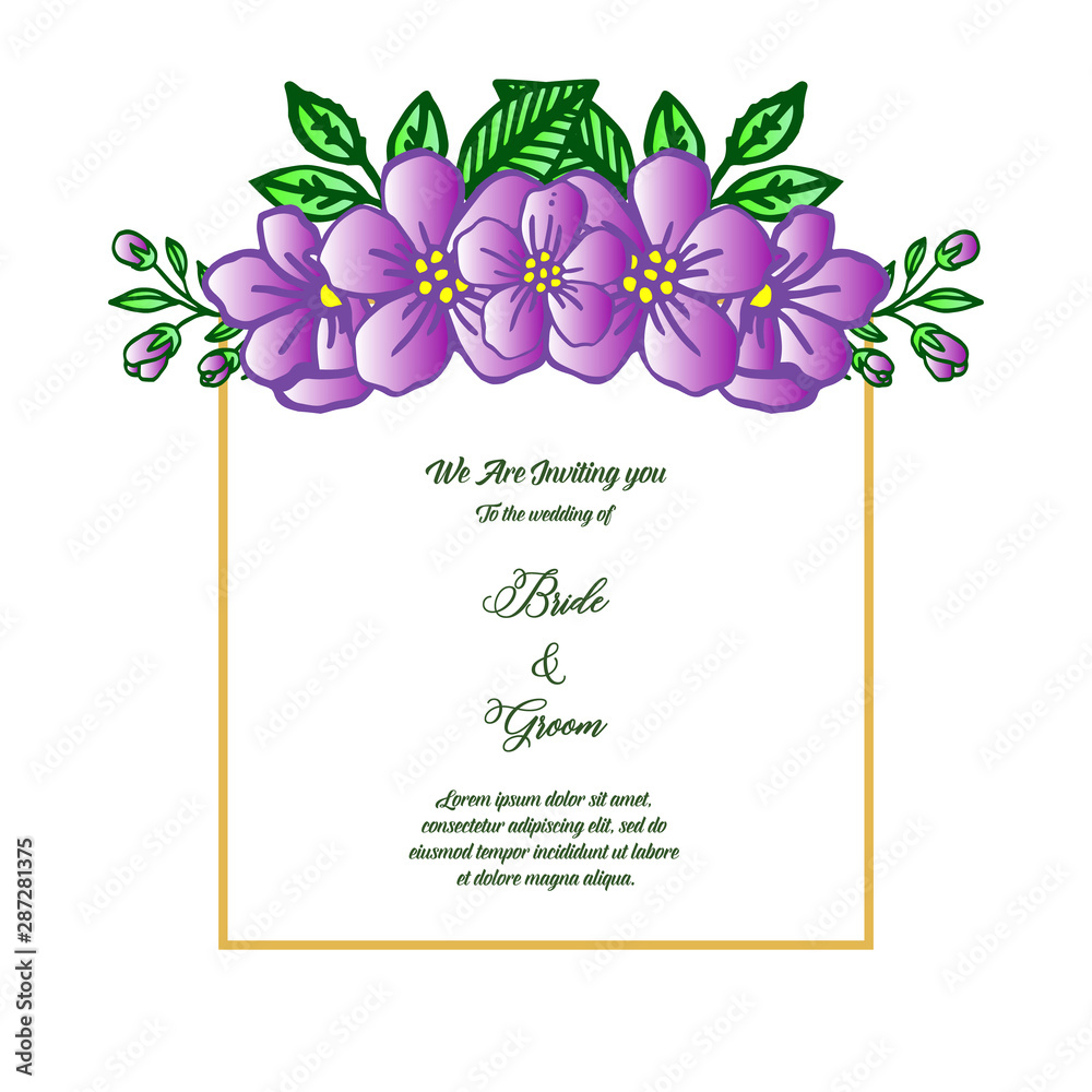 Artwork design purple flower frame for ornate of card bride and groom. Vector