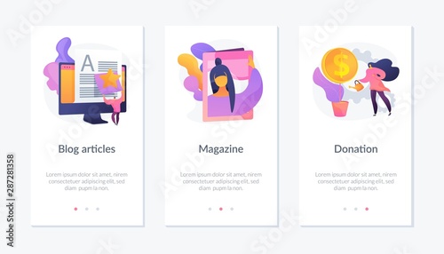 Internet vlogging and copywriting web banners set. Print media. Money investment, business funding. Blog articles, press, donation metaphors. Website web page template - concept metaphors.