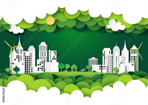 Green eco city with nature landscape background layers paper art style.Ecology and environment conservation concept.Vector illustration.