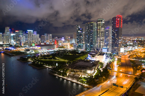 City lights of Downtown Miami Florida aerial drone photo