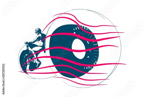 Sexy girl ride a motorbike. Biker party poster design. Woman on a futuristic bike. Science fiction concept
