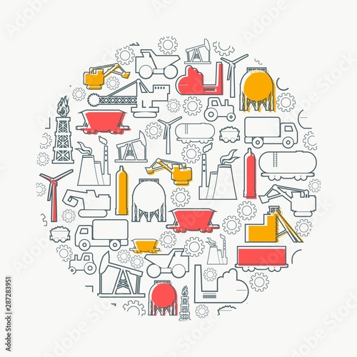 Concept of industrial plant and manufacture building. Energy and power. Energy generation and heavy industry. Brochure, report or cover design template. Circle with industrial thin line icons.