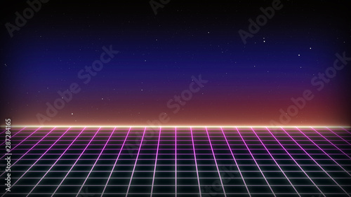 Future Retro Sci-Fi Background Futuristic landscape of the 80`s. Digital Cyber Surface. Suitable for design in the style of the 1980`s. 3D illustration