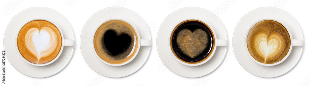 Plakat asortyment filiżankę kawy z kolekcji serca widok z góry widok na białym tle.