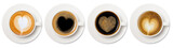 coffee cup assortment with heart sign top view collection isolated on white background.