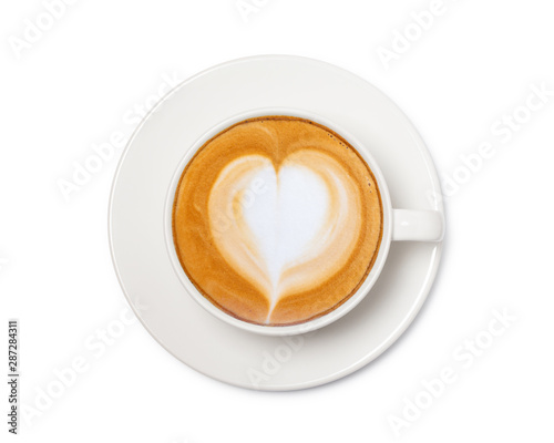 coffee cup with heart sign, top view isolated on white background, with clipping path.