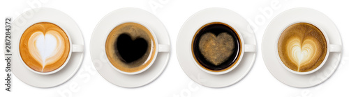 Fototapeta asortyment filiżankę kawy z kolekcji serca widok z góry widok na białym tle.