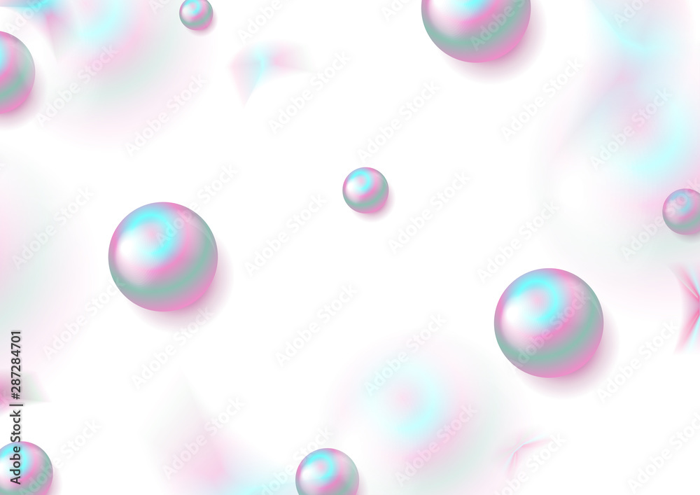 Naklejka premium Holographic circle beads and blurred confetti. Abstract minimal futuristic background. Colorful 3d spheres. Vector design