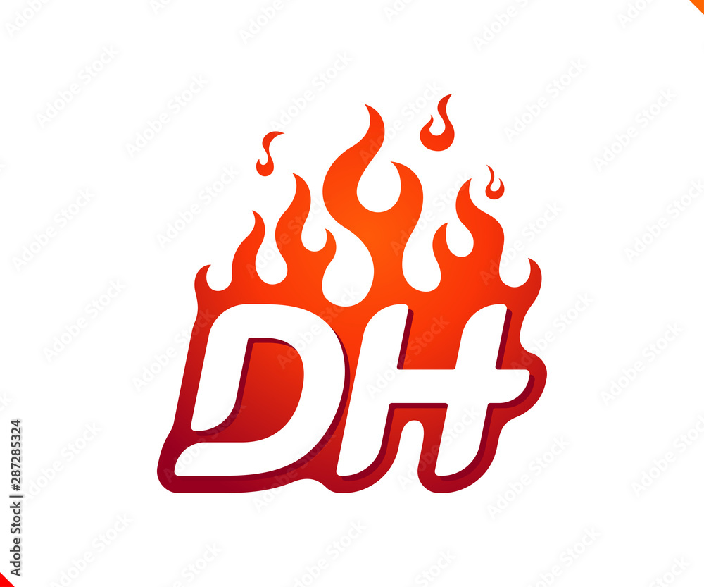 Uppercase initial logo letter DH with blazing flame silhouette, simple and retro style logotype for adventure and sport activity. Uppercase initial logo letter DH with blazing flame silhouette, simple and retro style logotype for adventure and sport activity.