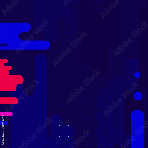 Abstract flat dynamic background design. Movement of simple geometric shapes on the dark background. Vector illustration