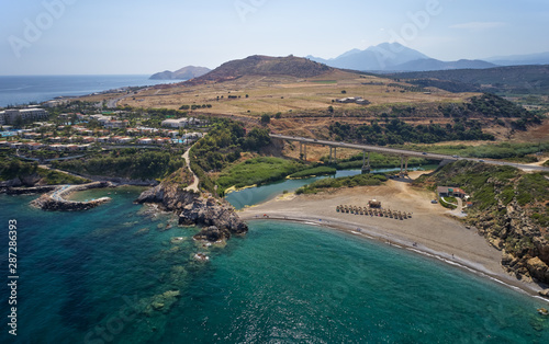Aerial view on Geropotamos beach and road bridge on Crete, Greece. photo