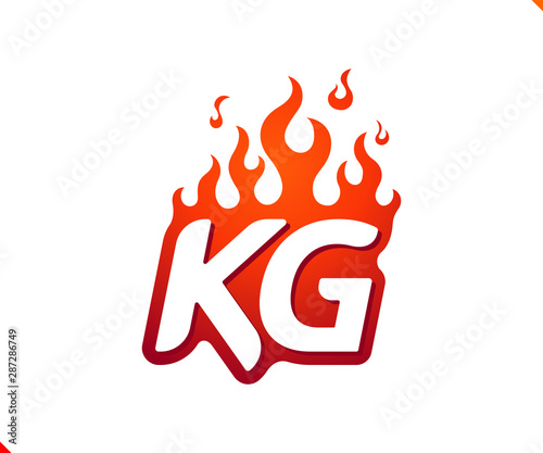 Uppercase initial logo letter KG with blazing flame silhouette,  simple and retro style logotype for adventure and sport activity.