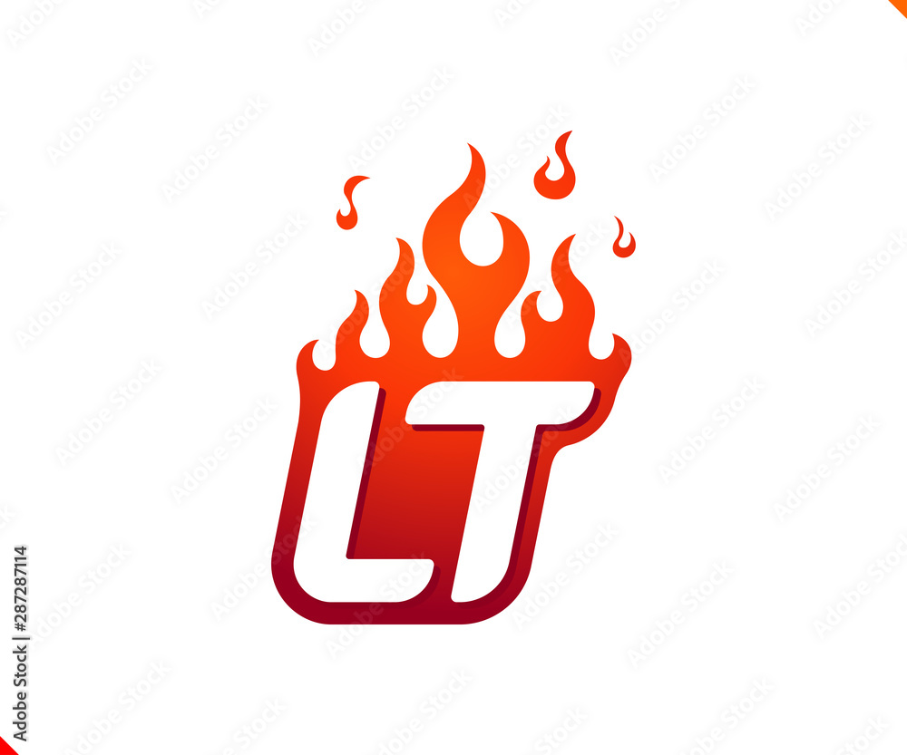 Uppercase initial logo letter LT with blazing flame silhouette,  simple and retro style logotype for adventure and sport activity.