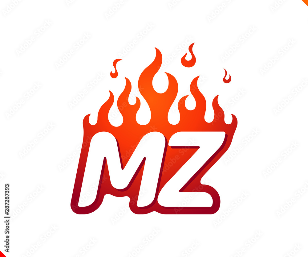 Uppercase initial logo letter MZ with blazing flame silhouette, simple and retro style logotype for adventure and sport activity. Uppercase initial logo letter MZ with blazing flame silhouette, simple and retro style logotype for adventure and sport activity.