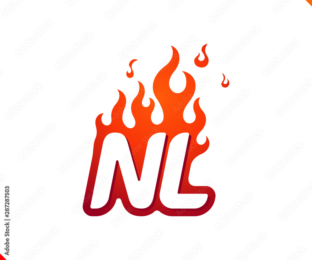 Uppercase initial logo letter NL with blazing flame silhouette, simple and retro style logotype for adventure and sport activity. Uppercase initial logo letter NL with blazing flame silhouette, simple and retro style logotype for adventure and sport activity.
