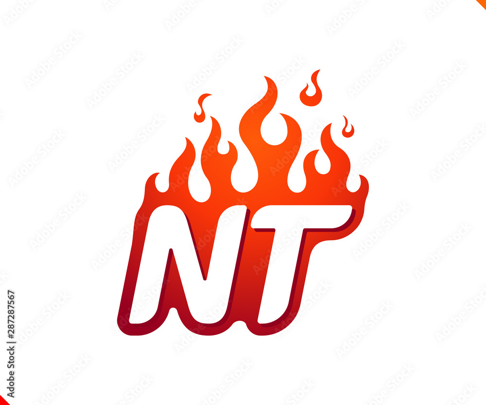 Uppercase initial logo letter NT with blazing flame silhouette, simple and retro style logotype for adventure and sport activity. Uppercase initial logo letter NT with blazing flame silhouette, simple and retro style logotype for adventure and sport activity.