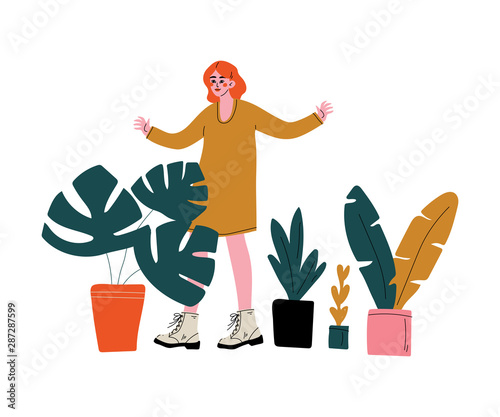 Young Woman Selling House Plants at Marketplace or Flea Market Vector Illustration