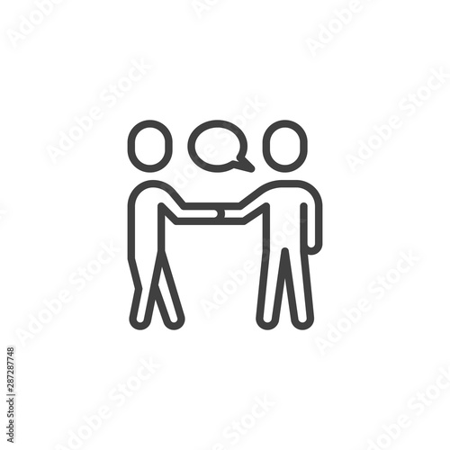 People meeting line icon. Deal linear style sign for mobile concept and web design. Two people handshake and speech bubble outline vector icon. Symbol, logo illustration. Vector graphics
