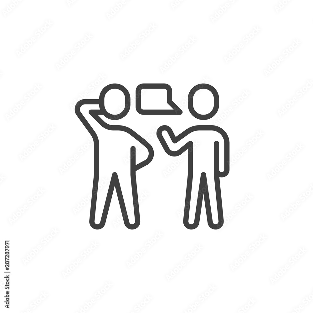Two people talking line icon. Conversation linear style sign for mobile concept and web design. Speaking people outline vector icon. Symbol, logo illustration. Vector graphics Two people talking line icon. Conversation linear style sign for mobile concept and web design. Speaking people outline vector icon. Symbol, logo illustration. Vector graphics