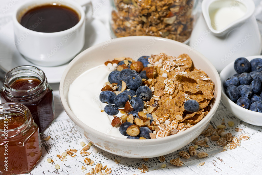 bowl of healthy wholegrain flakes, yogurt and fresh blueberries for breakfast, closeup bowl of healthy wholegrain flakes, yogurt and fresh blueberries for breakfast, closeup