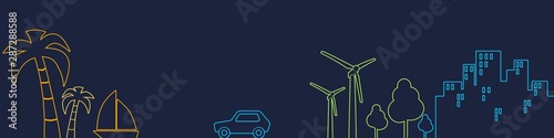 City and tropical recreation relative silhouettes. Retro car moving to cruise ship and palm. Ecology linear design concept