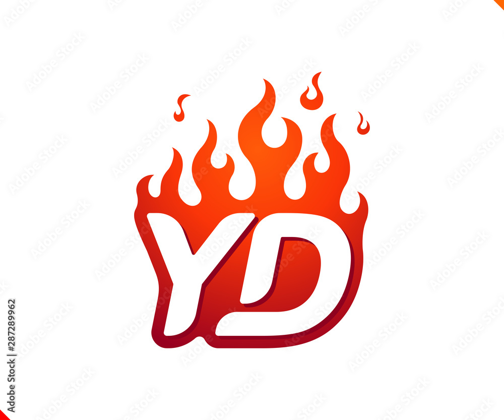 Uppercase initial logo letter YD with blazing flame silhouette,  simple and retro style logotype for adventure and sport activity.