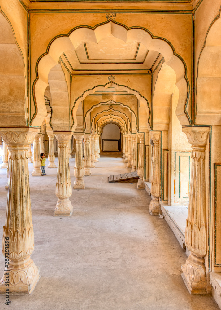 Arches inside the Amber fort palace at Amer near Jaipur, Rajasthan, India