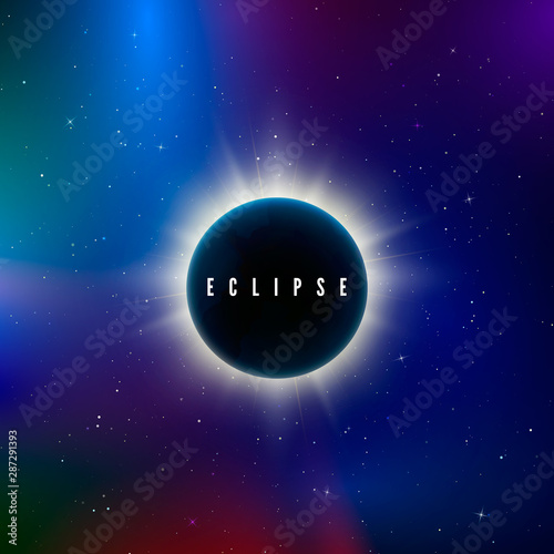 Solar eclipse. Astronomy effect - sun eclipse. Abstract astral universe background. Rays of starlight burst out from behind the planet. Vector illustration