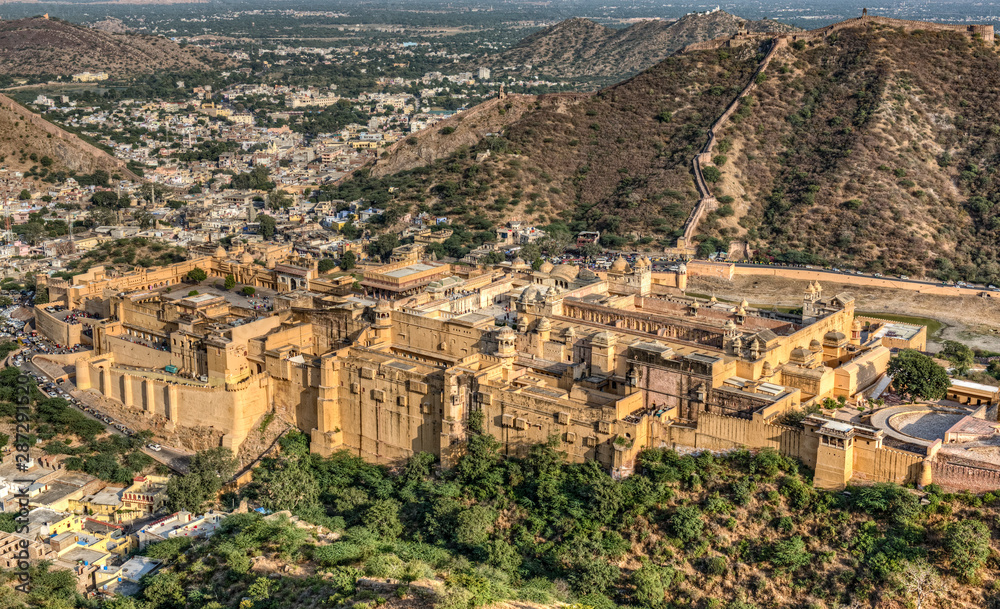 Amber Fort and the town of Amer viewed from the walls of the Jaigarh Fort near Jaipur in Rajasthan, India