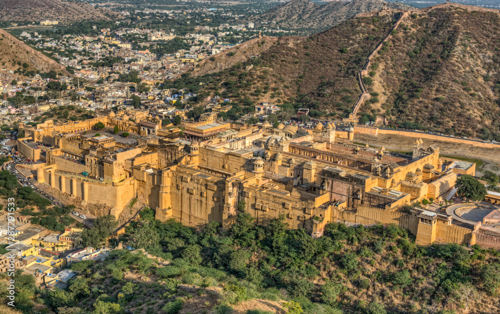 Amber Fort and the town of Amer viewed from the walls of the Jaigarh Fort near Jaipur in Rajasthan, India