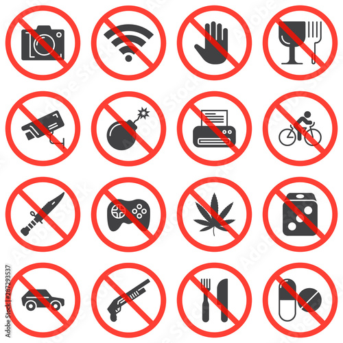Universal prohibition signs vector icons set, modern solid symbol collection, filled style pictogram pack. Signs, logo illustration. Set includes icons as no photo, do not touch, stop drugs, fragile