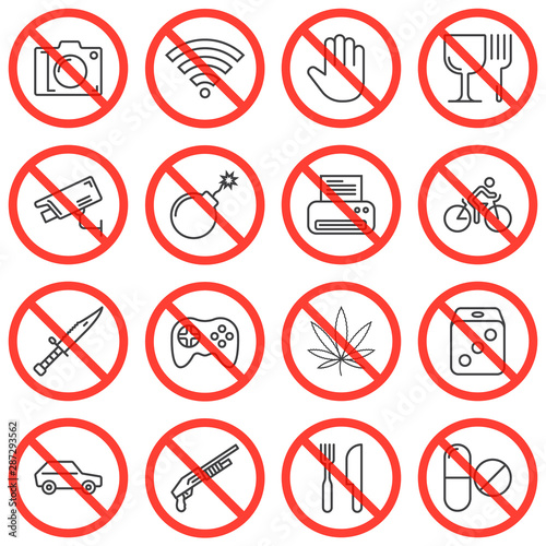Universal prohibition signs line icons set. linear style symbols collection, outline signs pack. vector graphics. Set includes icons as Stop photo camera, do not touch, stop drugs, fragile, no gaming