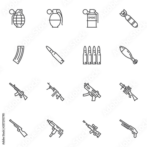 Gun weapon line icons set. linear style symbols collection outline signs pack. vector graphics. Set includes icons as fragmentation grenade, bullets, air bomb, smoke grenade, machine gun, sniper rifle