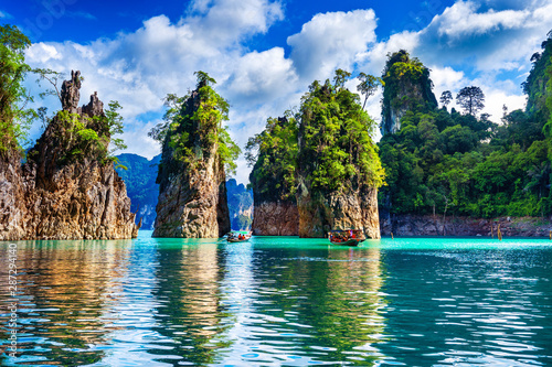Beautiful mountains in Ratchaprapha Dam at Khao Sok National Park, Surat Thani Province, Thailand. photo