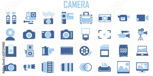 Camera, Photography, Action camera logo. Camera for active sports. Ultra HD. 4K  elements - minimal flat web icon set. flat icons collection. Simple mono symbol vector illustration. Blue tone color.