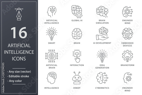 Artificial intelligence line icons set. Black vector illustration. Editable stroke.