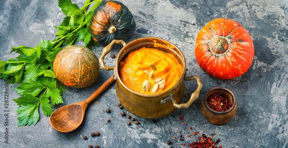 Pumpkin soup in a metal pot