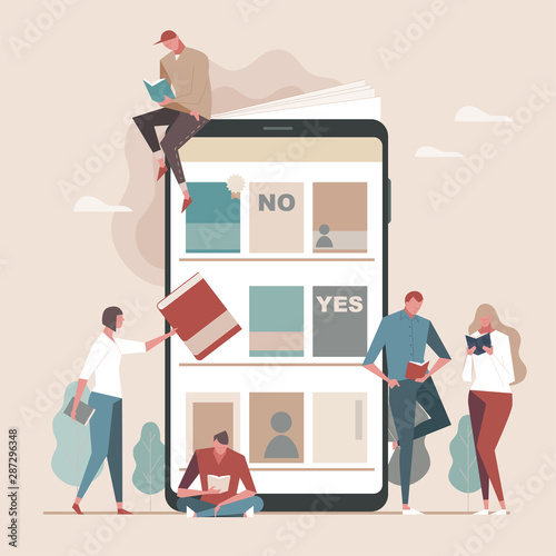 People reading and picking a book from the mobile bookshelf. flat design style minimal vector illustration.