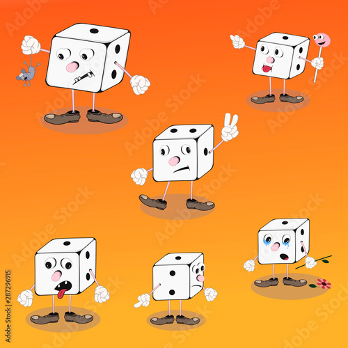 set of vector cartoon characters dice cube on an orange background for the design of cards, calendars, posters.