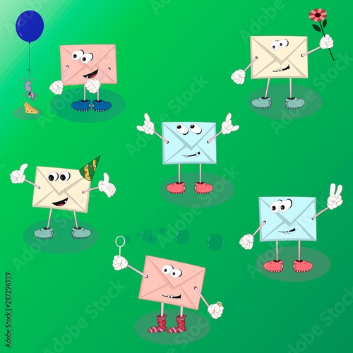set of vector cartoon characters envelope with eyes on a green background for the design of cards, calendars, posters.