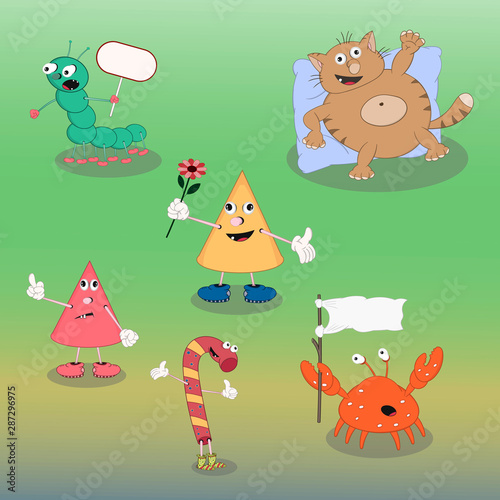 set of vector cartoon characters candy, cat, crab, cone, caterpillar show different emotions on a colored background.