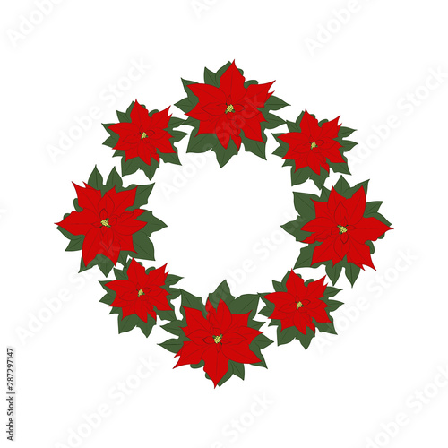 Christmas wreath from poinsettia. On a white background a wreath of poinsettia flowers. Element for the decor of your illustrations. Vector illustration. © Nataliya