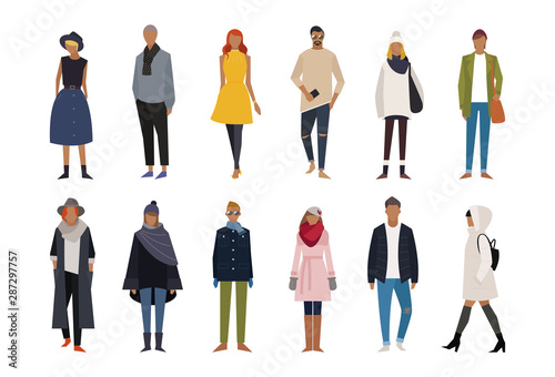 Autumn winter fashion character set. flat design style minimal vector illustration.