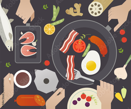 They are making various foods on the pan. Top view and cooking hands.flat design style minimal vector illustration.